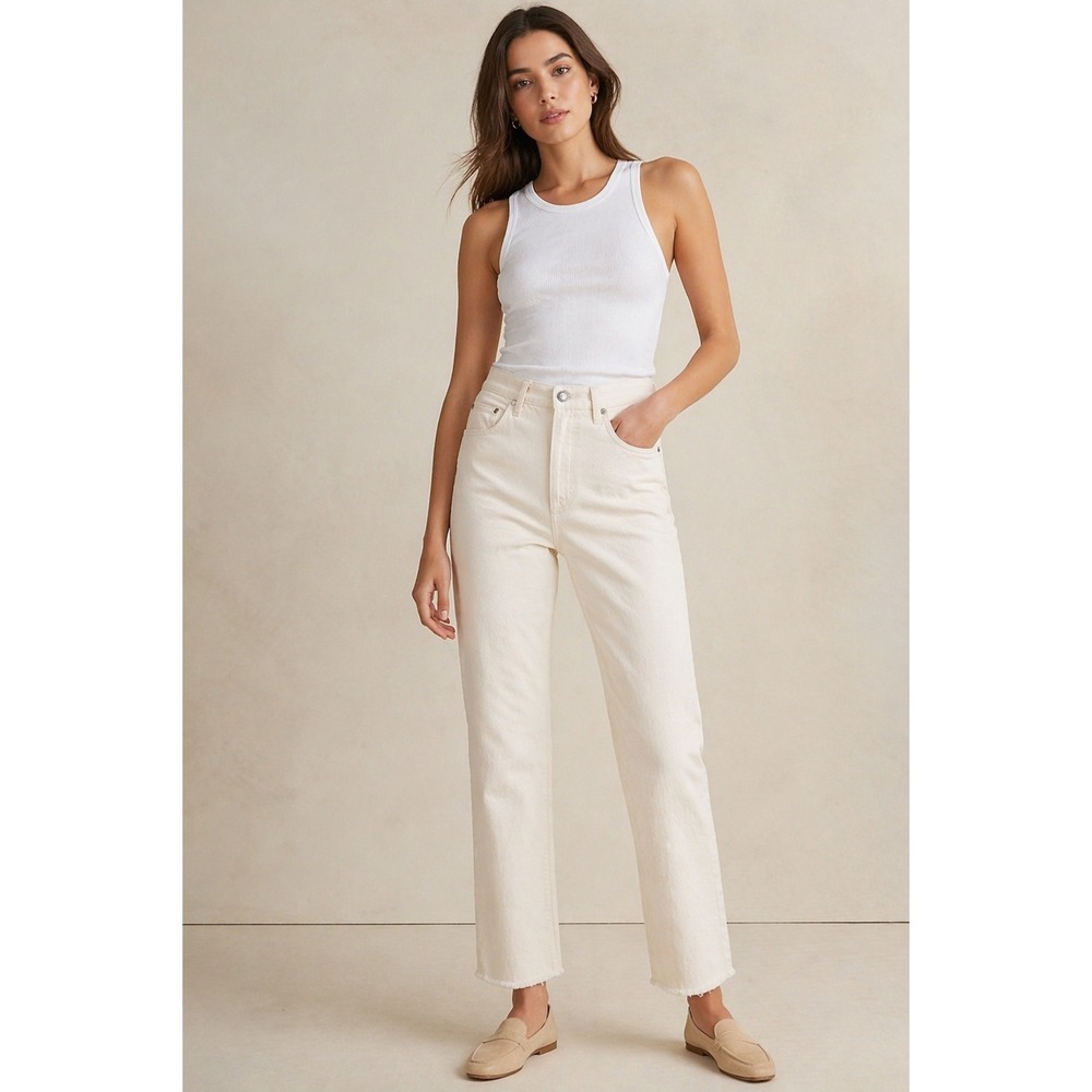 Cropped AGOLDE Remy High Rise Straight Leg Jeans Cream Off White Raw Hem  25